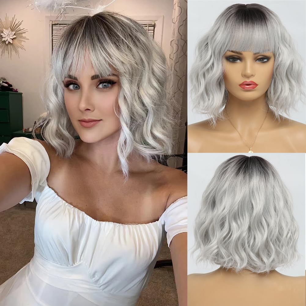 BESTUNG Short White Silver Wigs for Women Ombre Grey Wavy Bob Wig with Bangs Medium Length Synthetic Hair Water Wave Dark Roots Wig Gray Colorful Wigs(12 Inches) - Image 2