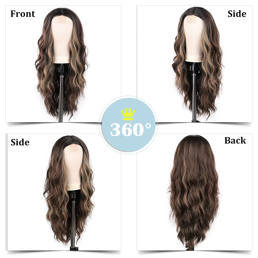 Long Brown Mixed Blonde Wavy Wig for Women 24 Inch Middle Part Curly Wavy Wig Natural Looking Synthetic Heat Resistant Fiber Wig for Daily Party Use - Image 2