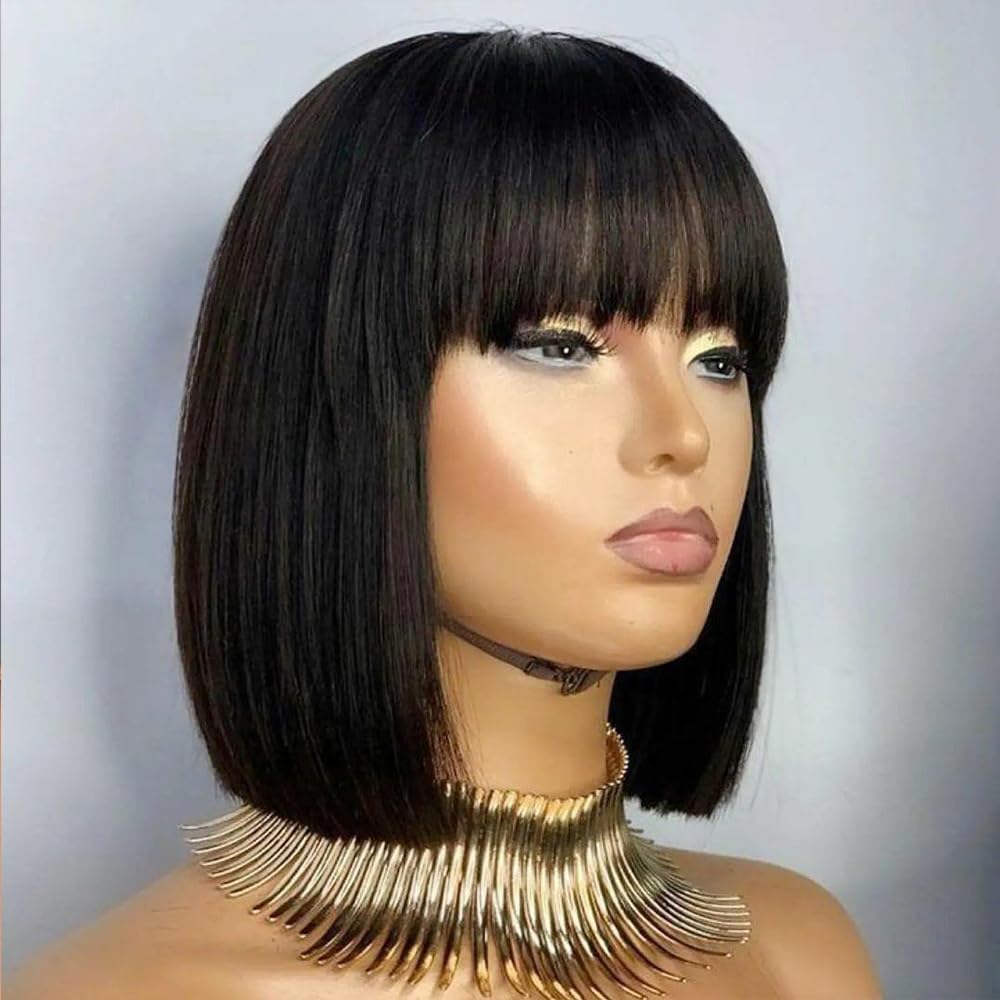 Bob Wig With Bangs Human Hair 180% Density Glueless Short Bob Wigs For Women Upgraded Machine Made Middle Part 3x1 Lace Wig (10inch, Bob With Bangs) - Image 2