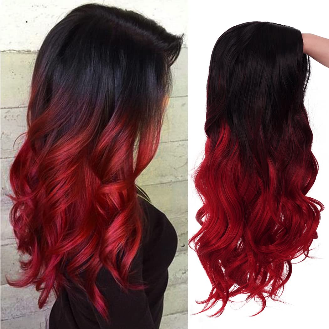 Sallcks Ombre Black to Red Wig Long Wavy Wig for Women Side Part Colored Synthetic Heat Resistant Wig for Daily Party Costume Halloween - Image 2