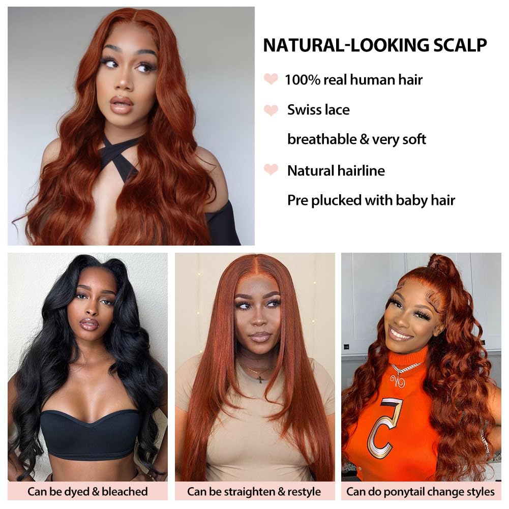200% Density 13x6 Lace Front Wigs Human Hair Pre Plucked 13x6 Reddish Brown HD Transparent Body Wave Lace Front Wigs For Women Ginger #33 Colored Brazilian Virgin Hair Glueless Wigs Human Hair 22Inch - Image 5