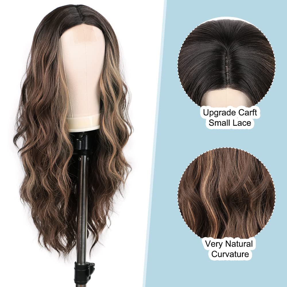 Long Brown Mixed Blonde Wavy Wig for Women 24 Inch Middle Part Curly Wavy Wig Natural Looking Synthetic Heat Resistant Fiber Wig for Daily Party Use - Image 5