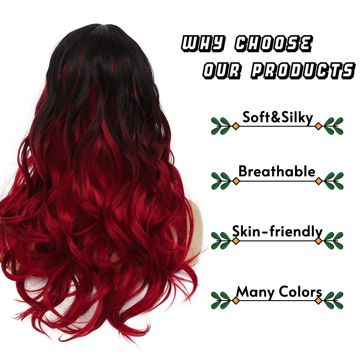 Sallcks Ombre Black to Red Wig Long Wavy Wig for Women Side Part Colored Synthetic Heat Resistant Wig for Daily Party Costume Halloween - Image 4