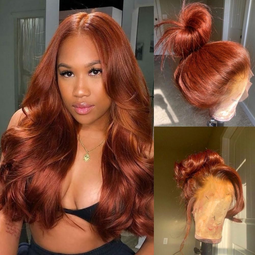 200% Density 13x6 Lace Front Wigs Human Hair Pre Plucked 13x6 Reddish Brown HD Transparent Body Wave Lace Front Wigs For Women Ginger #33 Colored Brazilian Virgin Hair Glueless Wigs Human Hair 22Inch - Image 3