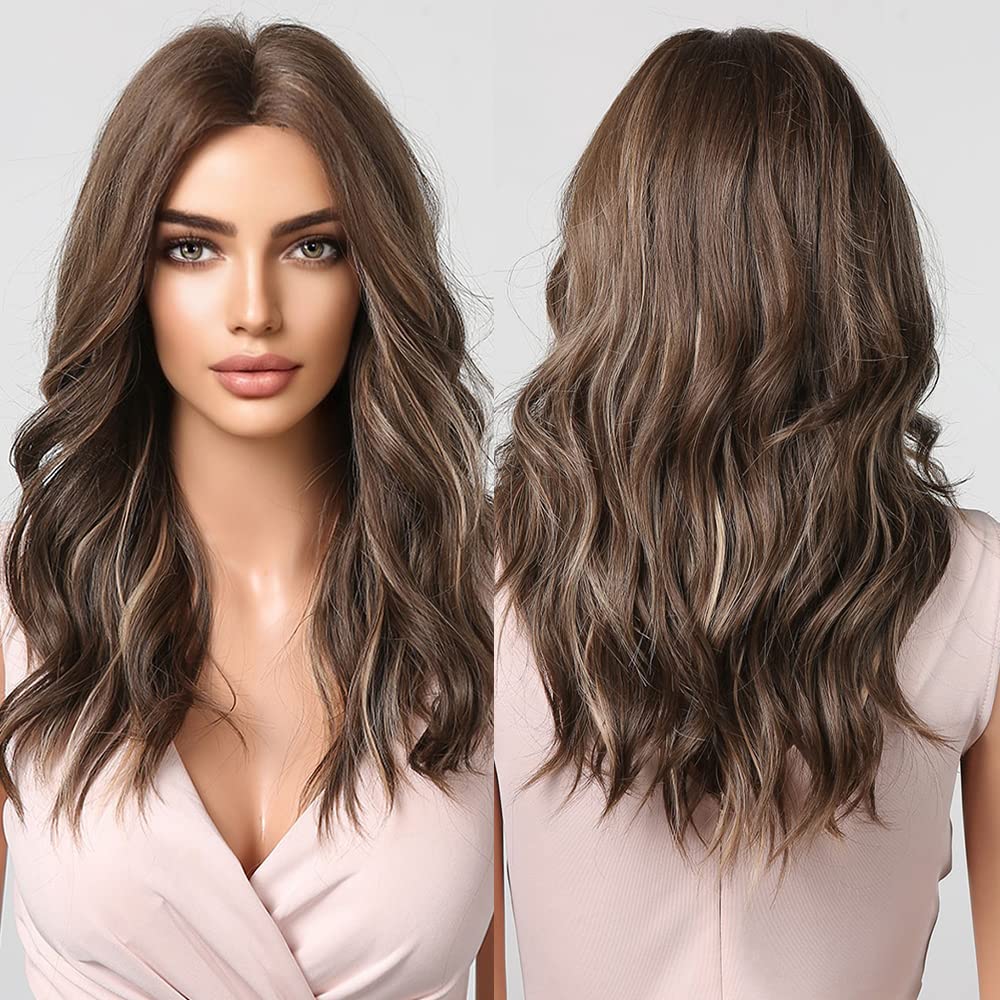 KOME Brown Long Wavy Wig for Women,Highlight Middle Part Curly Wavy Wig,Shoulder Length Natural Looking Synthetic Heat Resistant Fiber Wig for Daily Party Use - Image 3