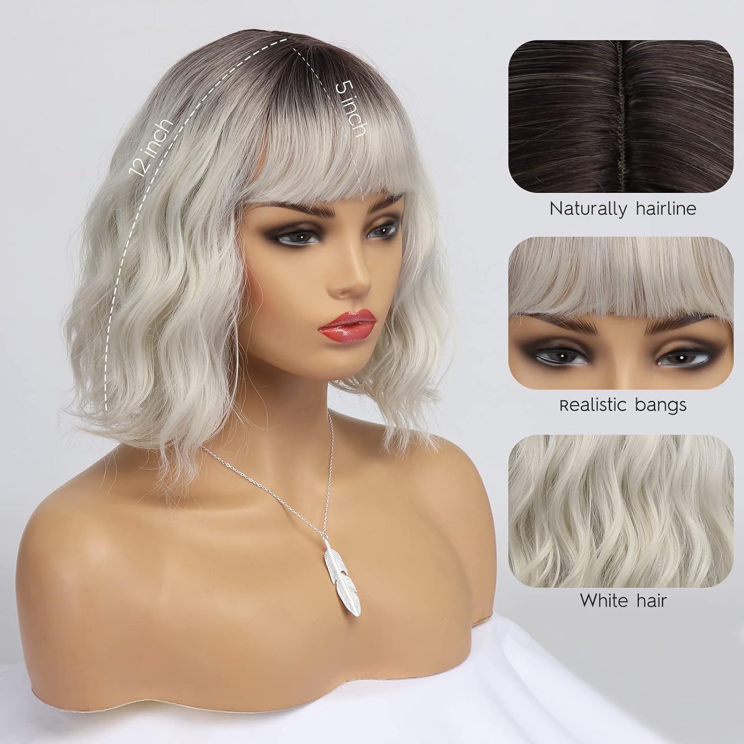 BESTUNG Short White Silver Wigs for Women Ombre Grey Wavy Bob Wig with Bangs Medium Length Synthetic Hair Water Wave Dark Roots Wig Gray Colorful Wigs(12 Inches) - Image 3