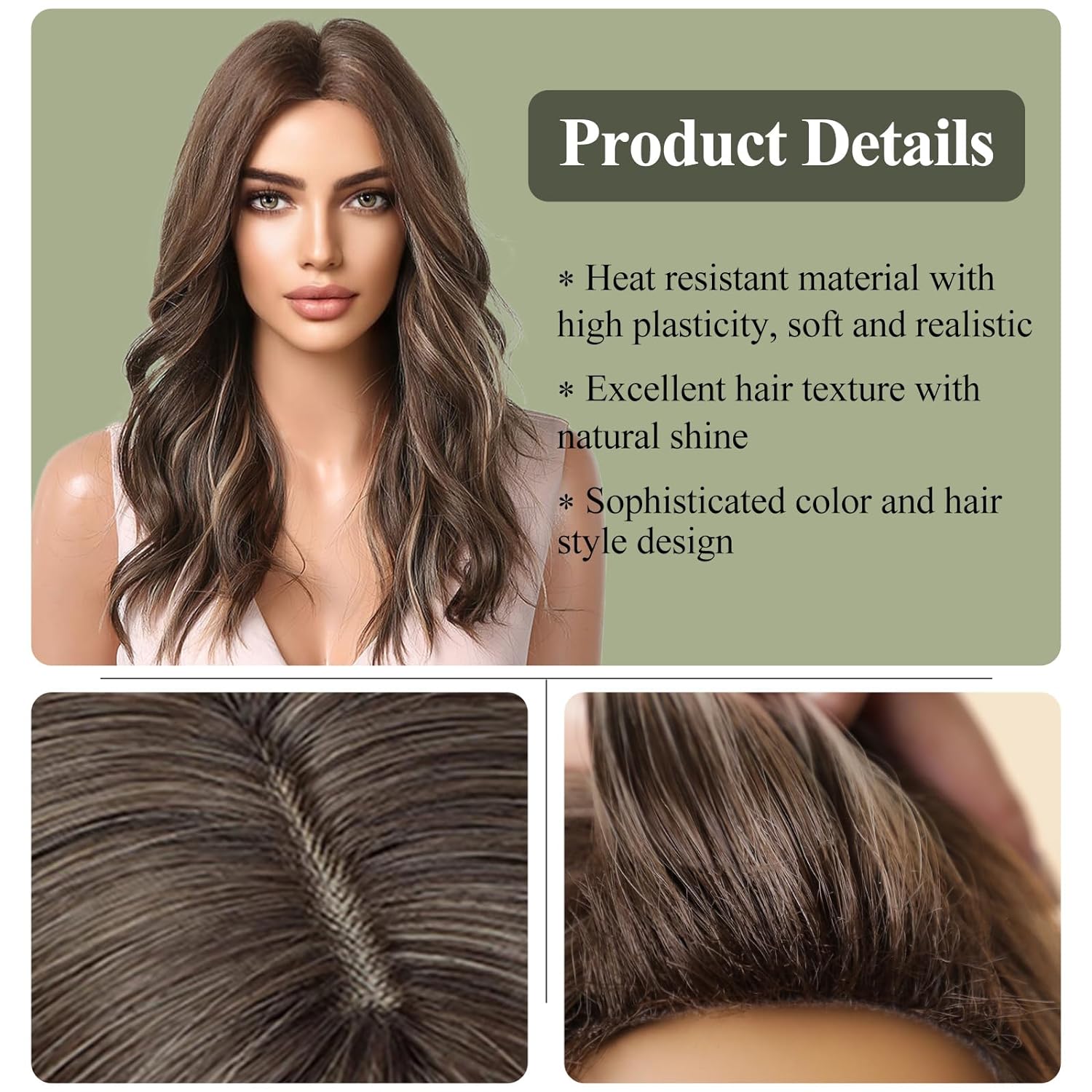 KOME Brown Long Wavy Wig for Women,Highlight Middle Part Curly Wavy Wig,Shoulder Length Natural Looking Synthetic Heat Resistant Fiber Wig for Daily Party Use - Image 5