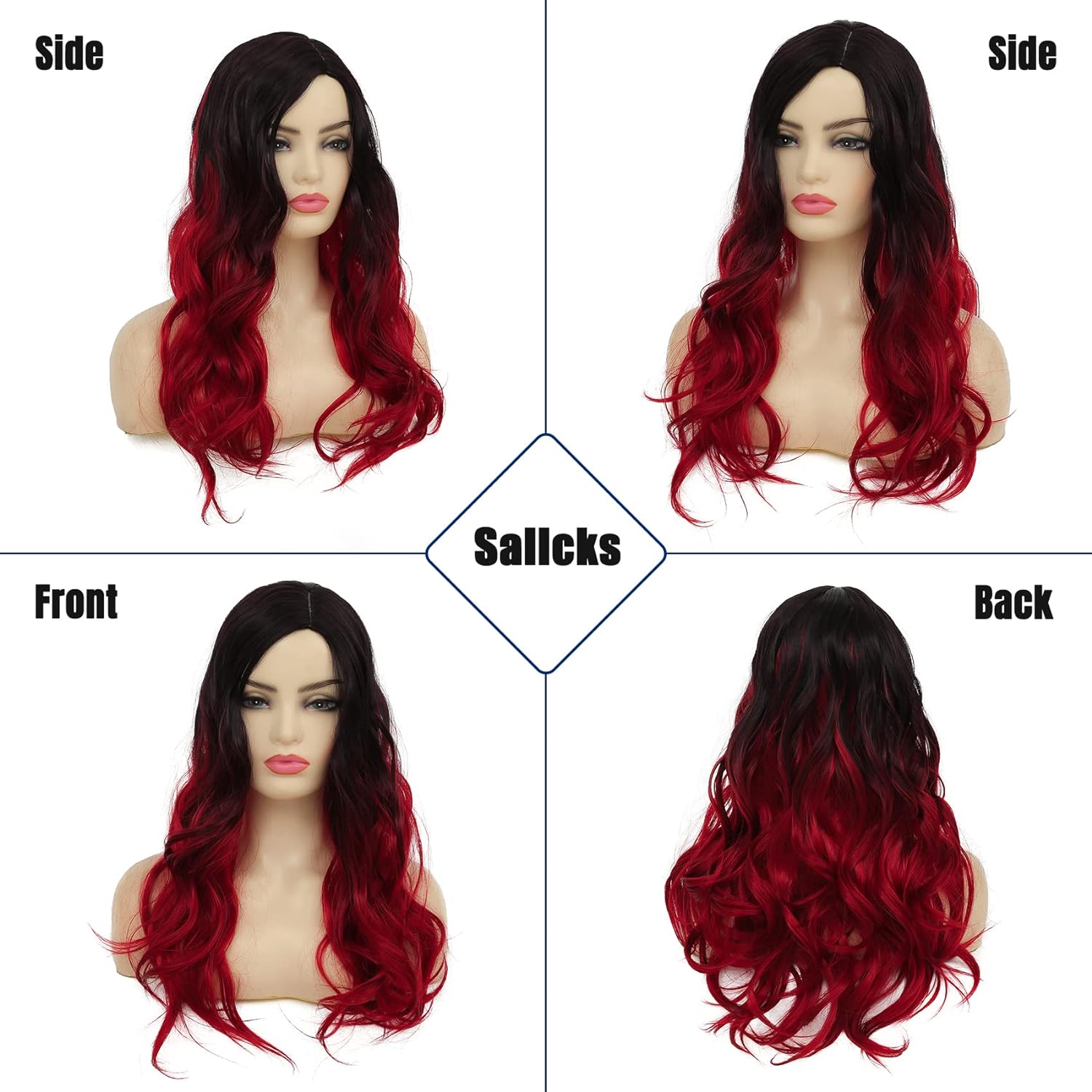 Sallcks Ombre Black to Red Wig Long Wavy Wig for Women Side Part Colored Synthetic Heat Resistant Wig for Daily Party Costume Halloween - Image 5