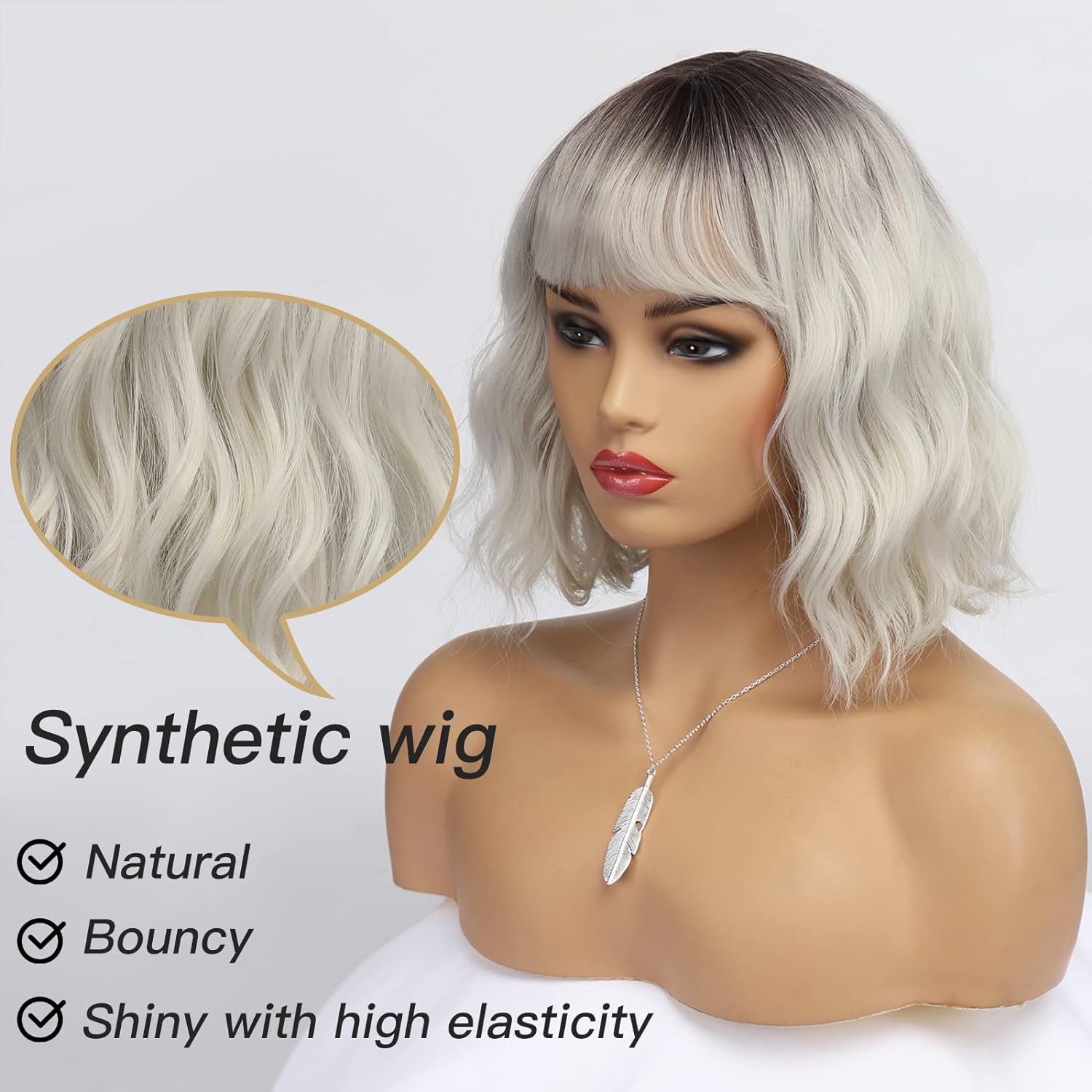 BESTUNG Short White Silver Wigs for Women Ombre Grey Wavy Bob Wig with Bangs Medium Length Synthetic Hair Water Wave Dark Roots Wig Gray Colorful Wigs(12 Inches) - Image 4