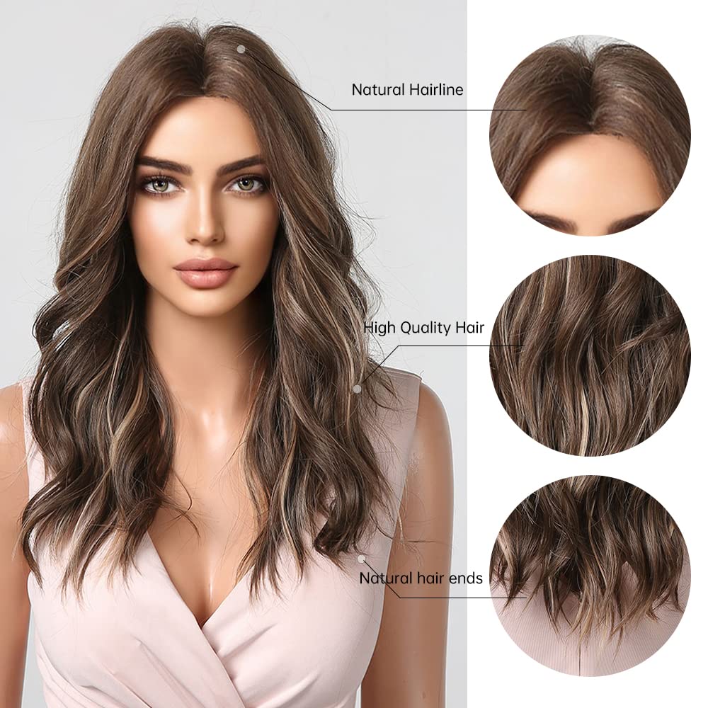 KOME Brown Long Wavy Wig for Women,Highlight Middle Part Curly Wavy Wig,Shoulder Length Natural Looking Synthetic Heat Resistant Fiber Wig for Daily Party Use - Image 4
