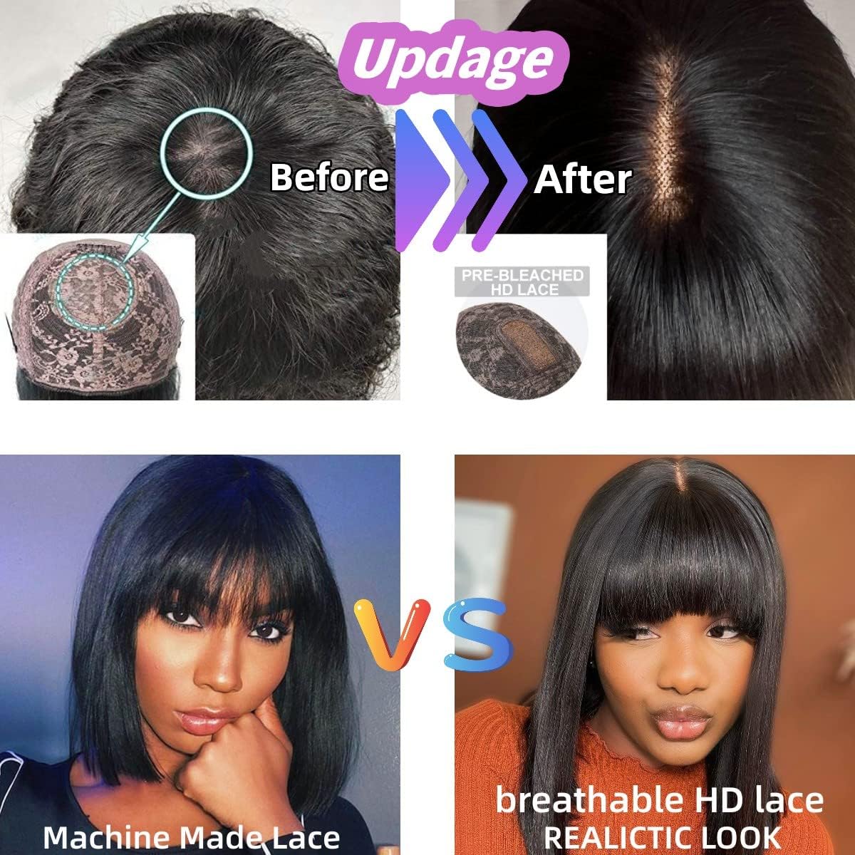 Bob Wig With Bangs Human Hair 180% Density Glueless Short Bob Wigs For Women Upgraded Machine Made Middle Part 3x1 Lace Wig (10inch, Bob With Bangs) - Image 3