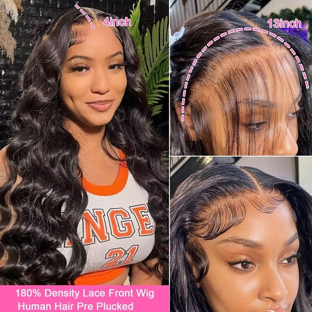 NAJOAI Body Wave Lace Front Wigs Human Hair Pre Plucked 180 Density 26 Inch 13x4 HD Transparent Frontal Wigs Glueless Wigs Human Hair Lace Front Wig for Black Women with Baby Hair Natural Black - Image 2