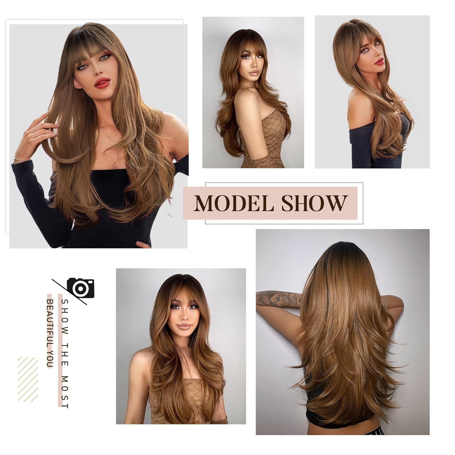 N NAYASA Light Brown Wigs for Women Brown Wig with Bangs 24‘’Ombre Brown Wig with Dark Roots Long Layered Wig Heat Resistant Synthetic Wig Natural Looking Wigs for Daily Party Use - Image 6