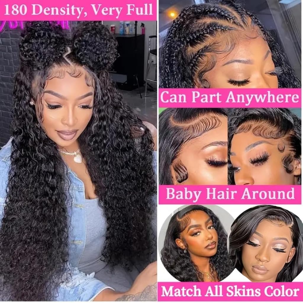 28 Inch 13x6 Full Lace Front Wigs Human Hair Pre Plucked Deep Wave 180 Density HD Lace Frontal Wig With Baby Hair Transparent Glueless Deep Curly Human Hair Wigs for Women - Image 2