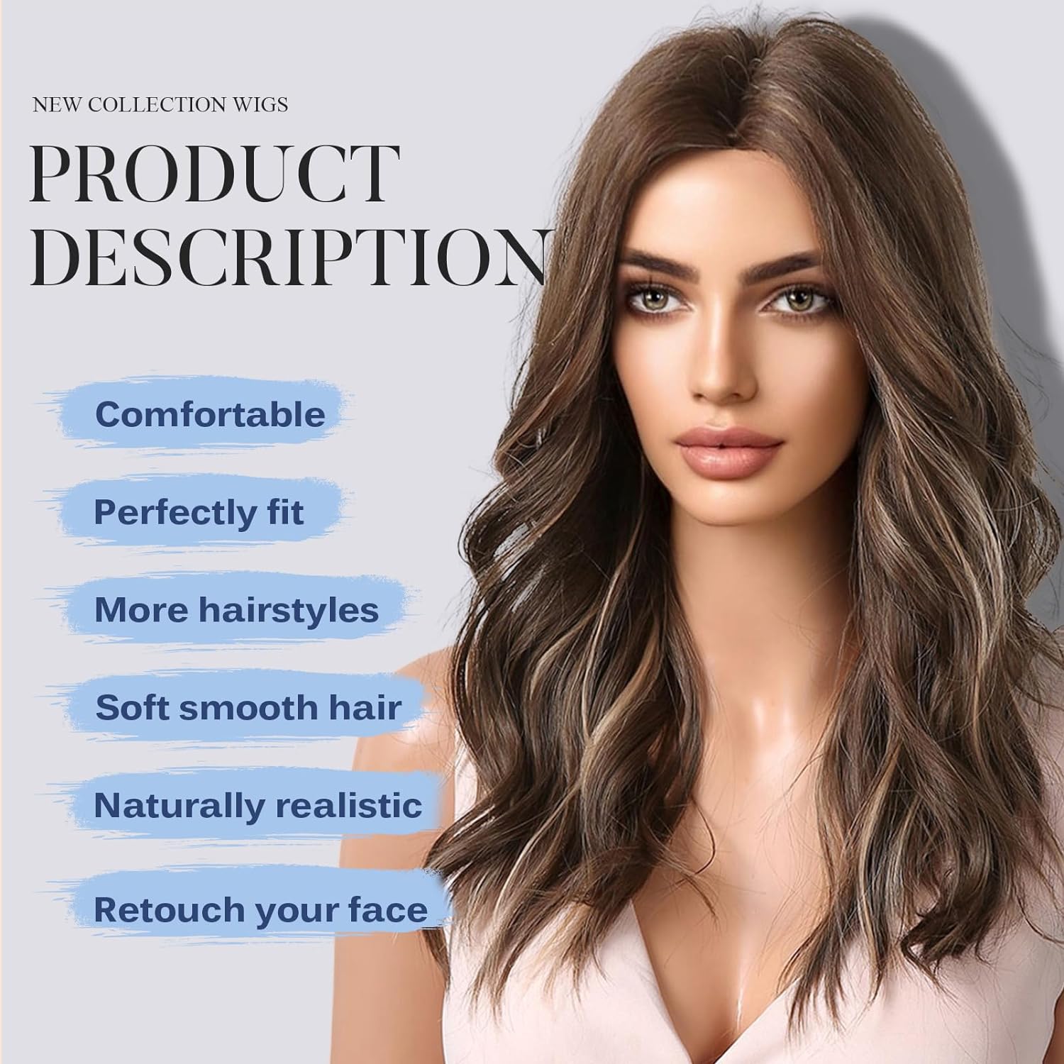 KOME Brown Long Wavy Wig for Women,Highlight Middle Part Curly Wavy Wig,Shoulder Length Natural Looking Synthetic Heat Resistant Fiber Wig for Daily Party Use - Image 2