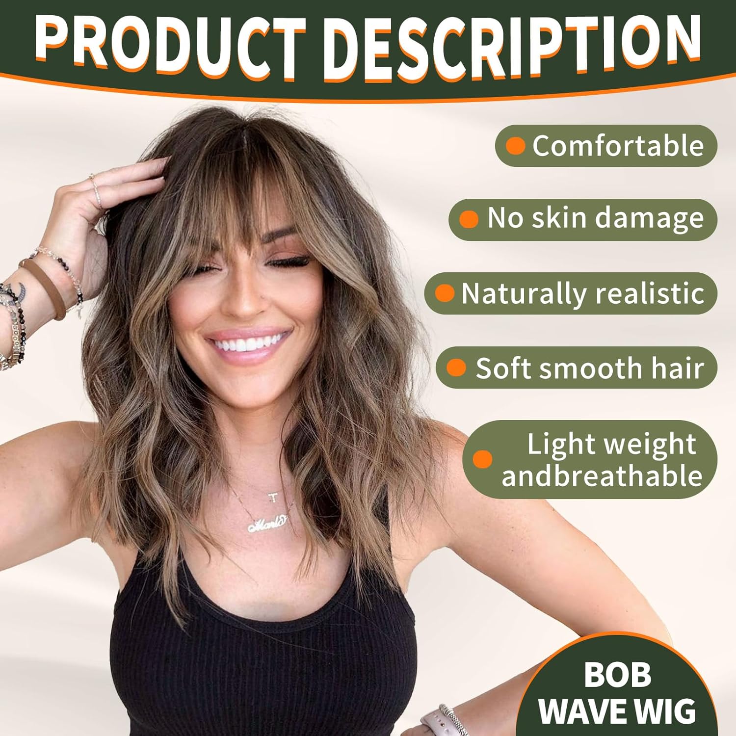 KOME Brown Wig with Bangs,Brown Highlight Wavy Wigs for Women,Shoulder Length Curly Synthetic Hair Wig for Party Daily Use 18IN - Image 5