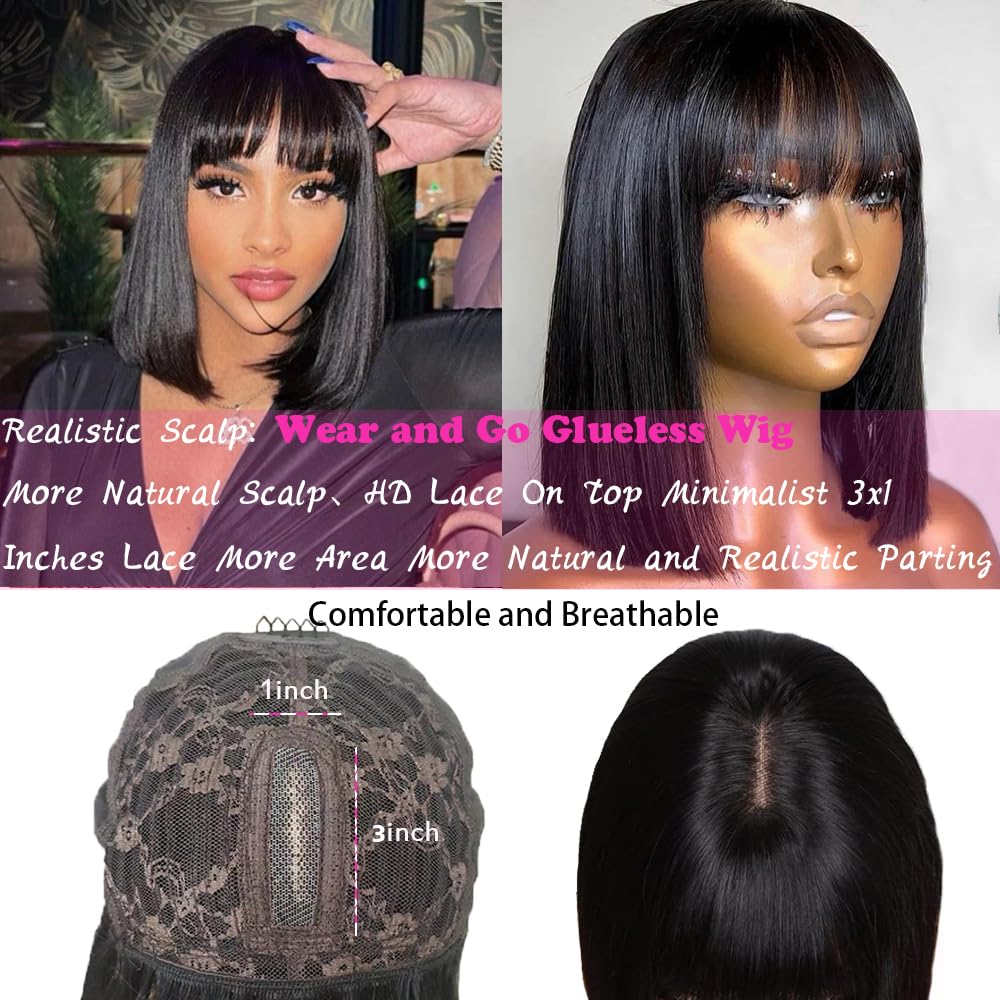 Bob Wig With Bangs Human Hair 180% Density Glueless Short Bob Wigs For Women Upgraded Machine Made Middle Part 3x1 Lace Wig (10inch, Bob With Bangs) - Image 4