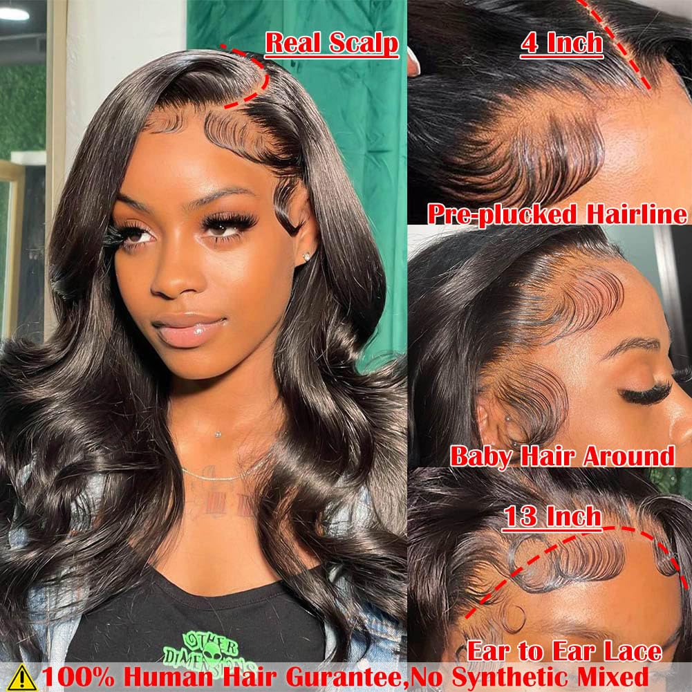 Body Wave Lace Front Wigs Human Hair Pre Plucked 13x4 HD Transparent Lace Frontal Wig with Baby Hair 180% Density Brazilian Virgin Human Hair Lace Front Wigs for Women Natural Black 22inch - Image 3
