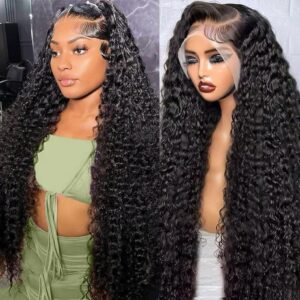 28 Inch 13x6 Full Lace Front Wigs Human Hair Pre Plucked Deep Wave 180 Density HD Lace Frontal Wig With Baby Hair Transparent Glueless Deep Curly Human Hair Wigs for Women