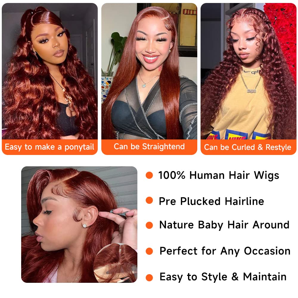 Reddish Brown Lace Front Wigs Human Hair Pre Plucked 13x4 Auburn Colored Human Hair Lace Front Wigs Body Wave Glueless Wigs Human Hair HD Lace Frontal Human Hair Wig 22 Inch - Image 5