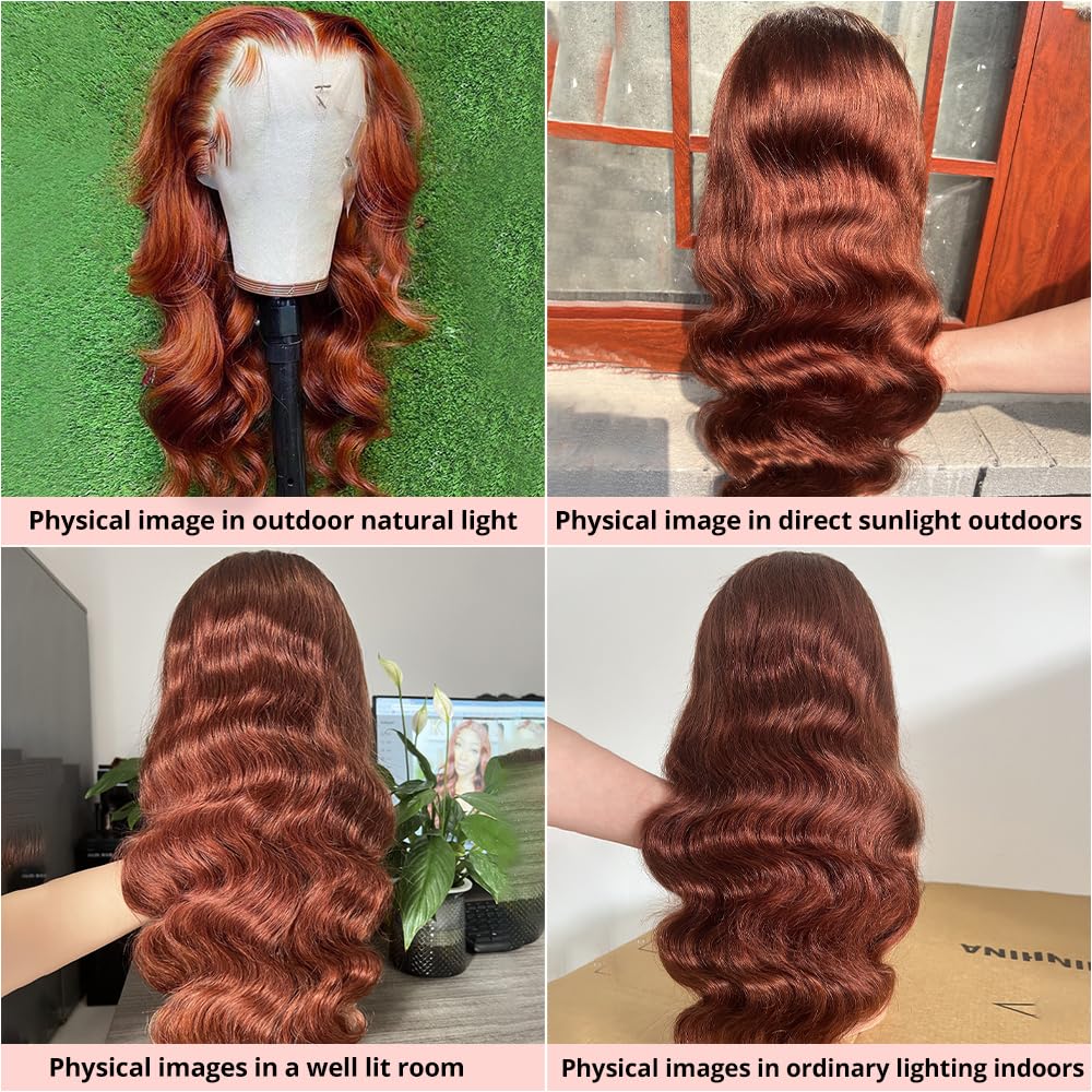 200% Density 13x6 Lace Front Wigs Human Hair Pre Plucked 13x6 Reddish Brown HD Transparent Body Wave Lace Front Wigs For Women Ginger #33 Colored Brazilian Virgin Hair Glueless Wigs Human Hair 22Inch - Image 4