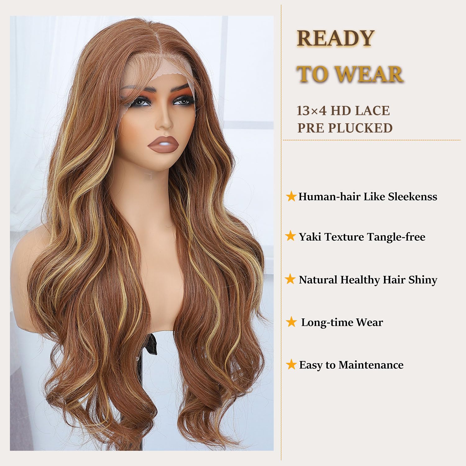Amarlis Honey Blonde Body Wave Lace Front Wigs for Women,13x4 HD Glueless Lace Front Blonde Highlight Wig Pre Plucked Ready to Wear Synthetic Wigs for Daily Use(Honey Blonde Highlight) - Image 3