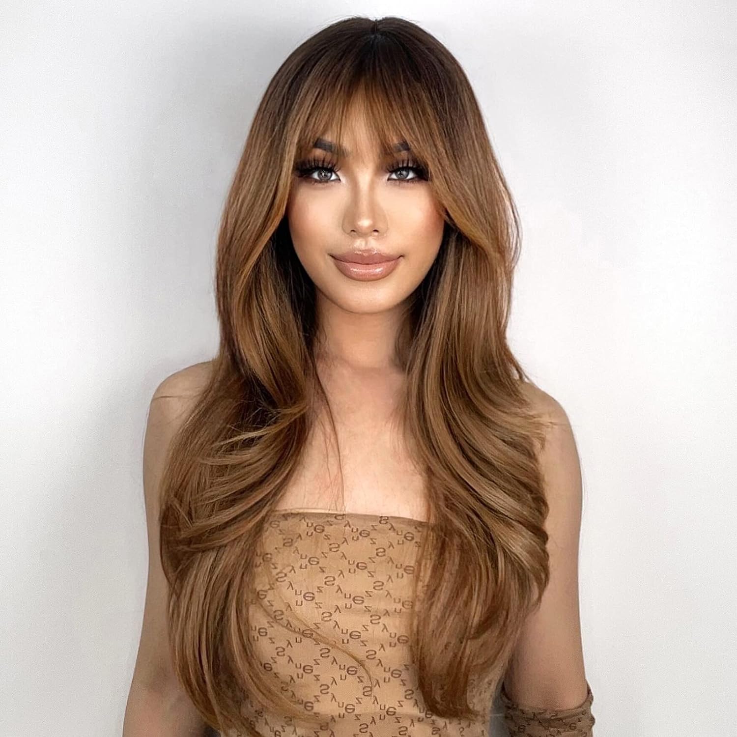 N NAYASA Light Brown Wigs for Women Brown Wig with Bangs 24‘’Ombre Brown Wig with Dark Roots Long Layered Wig Heat Resistant Synthetic Wig Natural Looking Wigs for Daily Party Use - Image 4