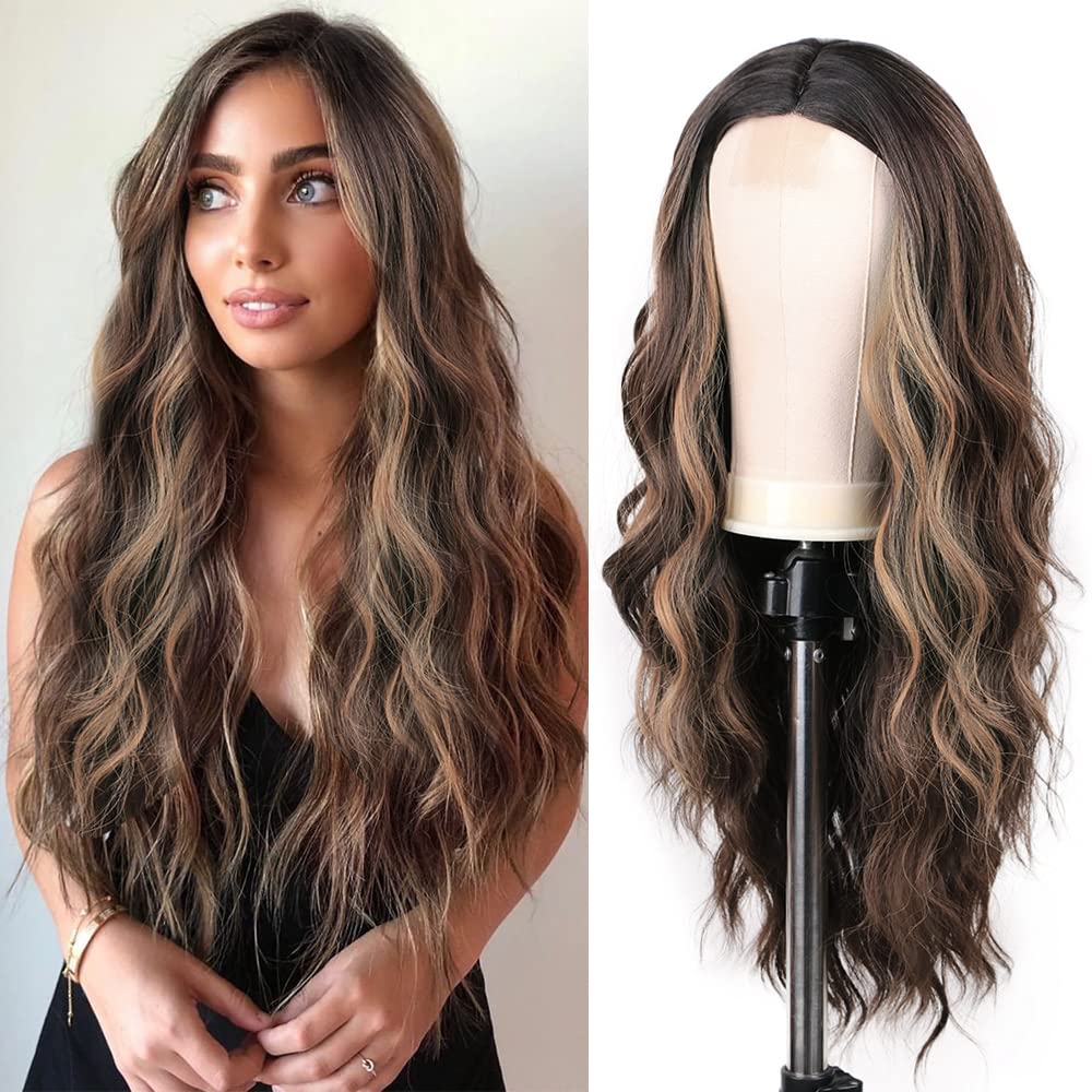 Long Brown Mixed Blonde Wavy Wig for Women 24 Inch Middle Part Curly Wavy Wig Natural Looking Synthetic Heat Resistant Fiber Wig for Daily Party Use