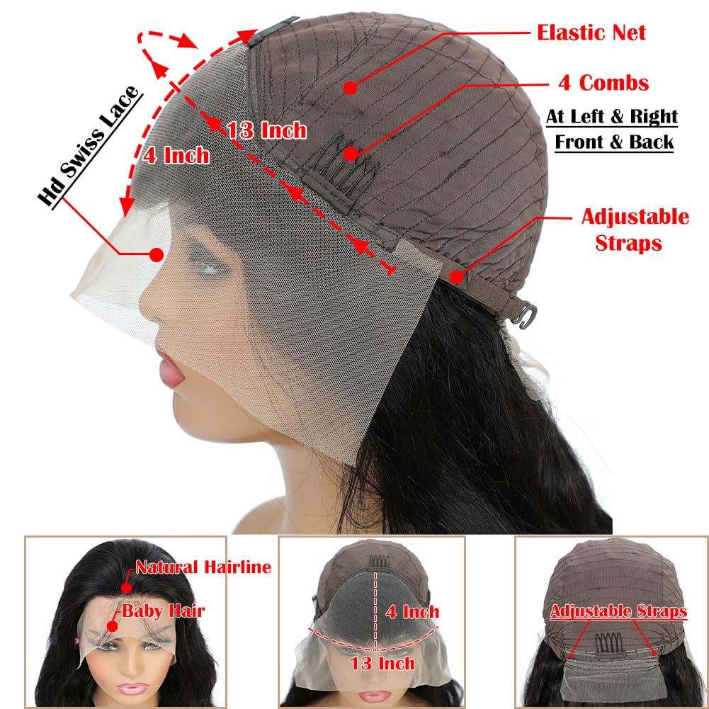 Body Wave Lace Front Wigs Human Hair Pre Plucked 13x4 HD Transparent Lace Frontal Wig with Baby Hair 180% Density Brazilian Virgin Human Hair Lace Front Wigs for Women Natural Black 22inch - Image 5