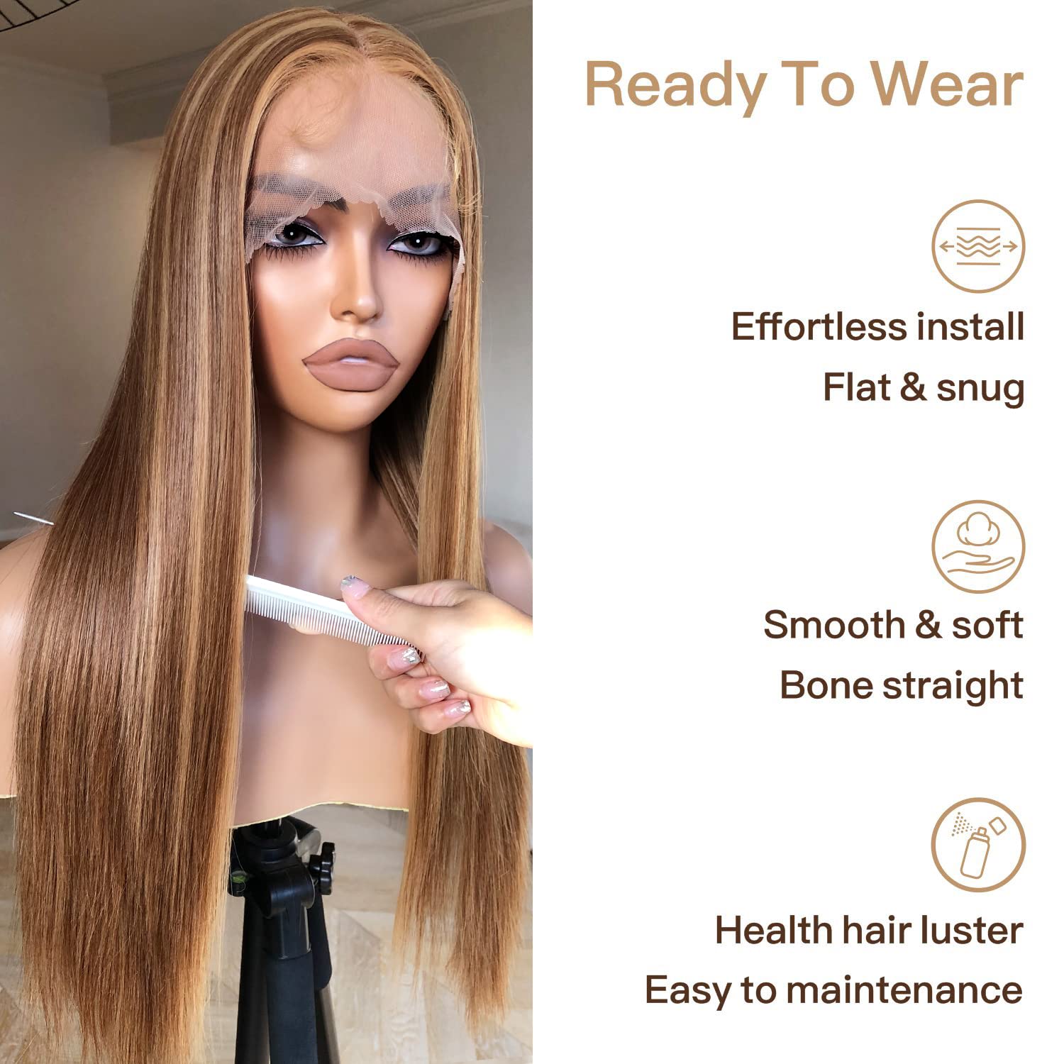 Honey Blonde Lace Front Wig - Pre Plucked, Ready to Wear, HD Glueless 13X5X1 - Highlight Synthetic Straight Wig for Women, SunKissed 4/27 Ombre Honey Blonde - Image 3
