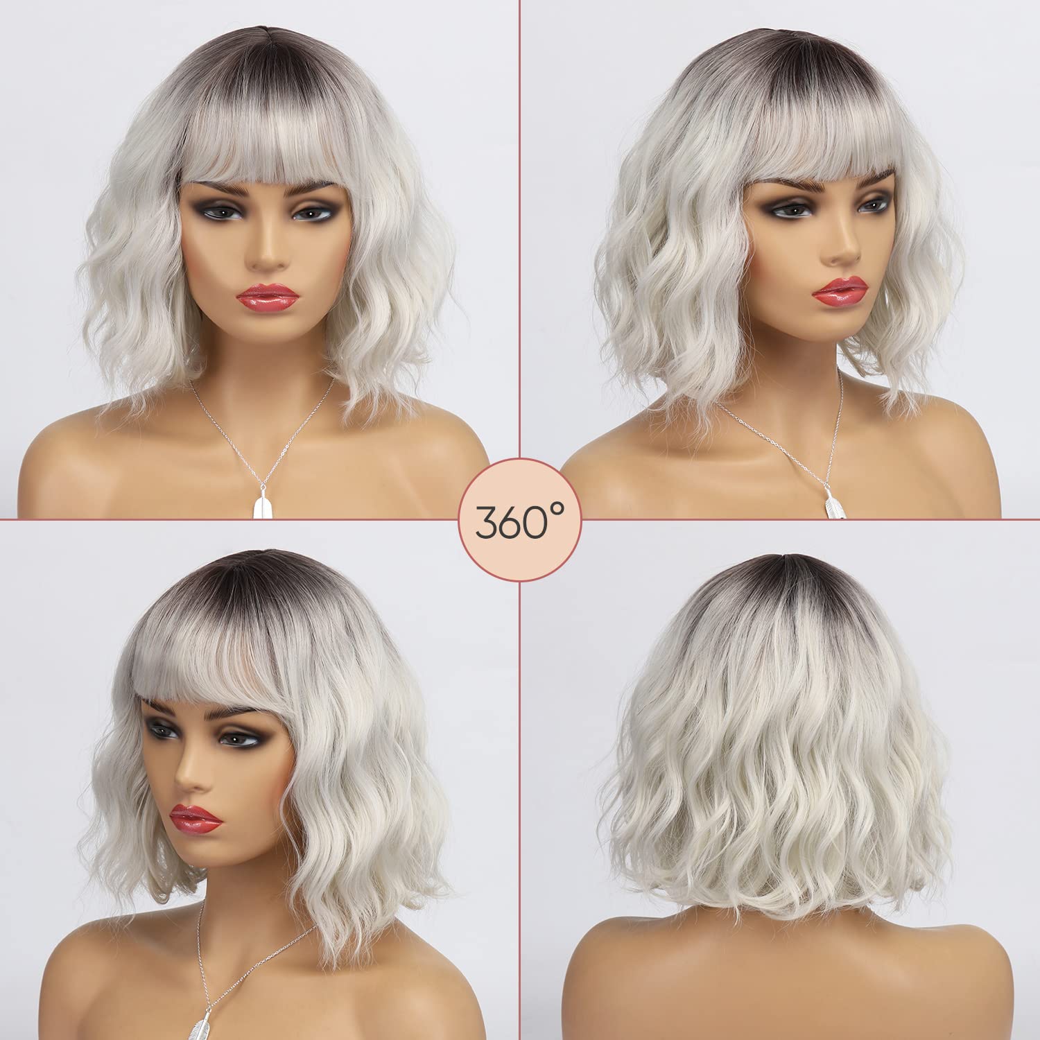 BESTUNG Short White Silver Wigs for Women Ombre Grey Wavy Bob Wig with Bangs Medium Length Synthetic Hair Water Wave Dark Roots Wig Gray Colorful Wigs(12 Inches) - Image 6