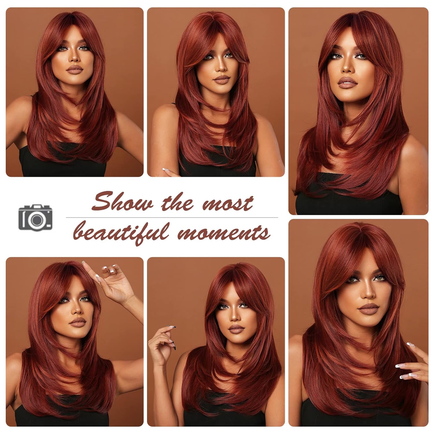 HAIRCUBE Red Wigs for Women,Long Layered Wigs with Bangs Heat Resistant Synthetic Fibre Wigs(pelucas de cabello natural) - Image 4