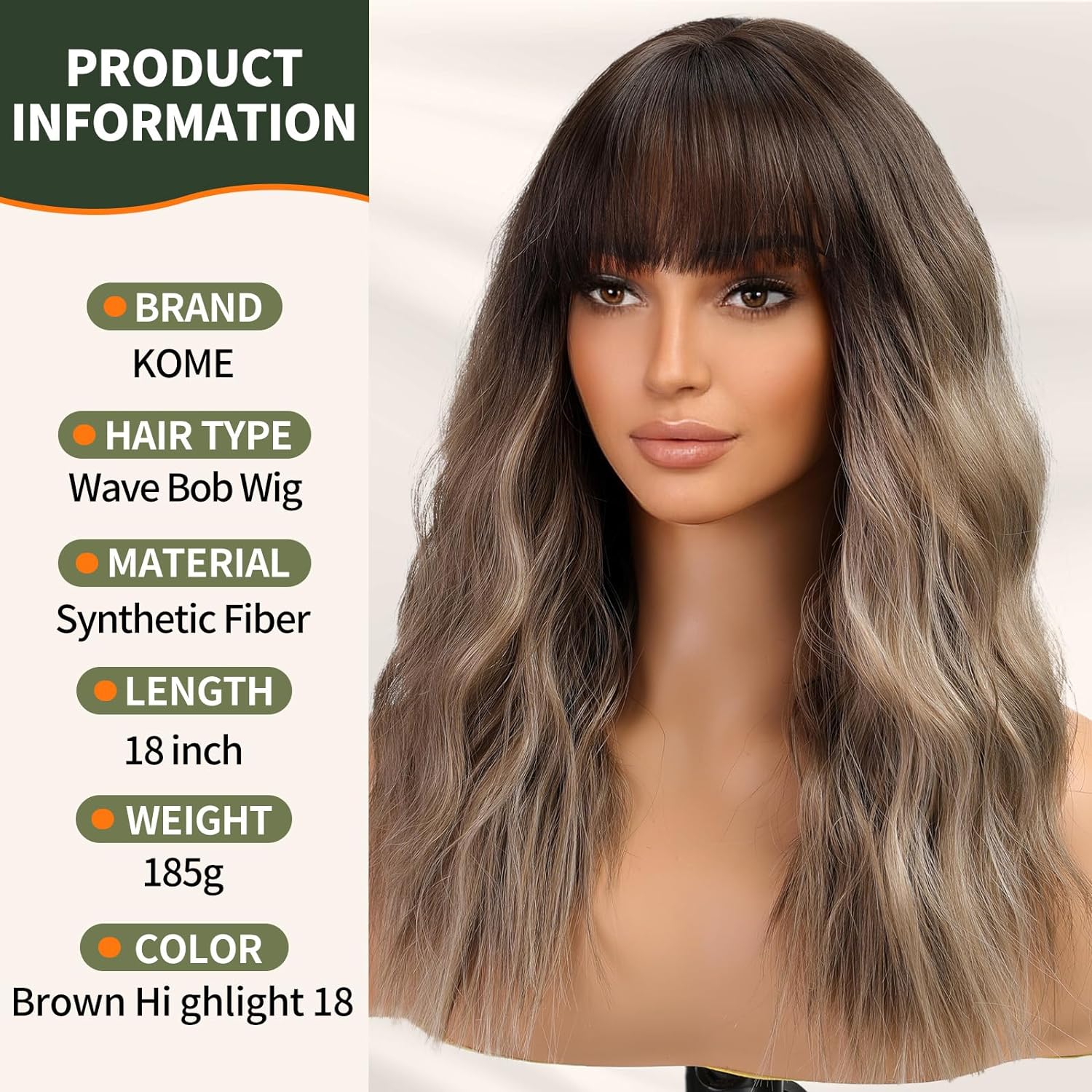 KOME Brown Wig with Bangs,Brown Highlight Wavy Wigs for Women,Shoulder Length Curly Synthetic Hair Wig for Party Daily Use 18IN - Image 4