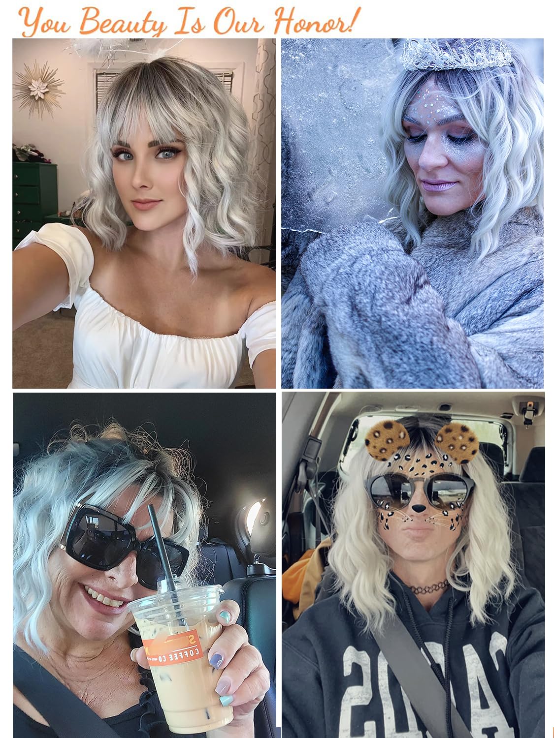 BESTUNG Short White Silver Wigs for Women Ombre Grey Wavy Bob Wig with Bangs Medium Length Synthetic Hair Water Wave Dark Roots Wig Gray Colorful Wigs(12 Inches) - Image 5