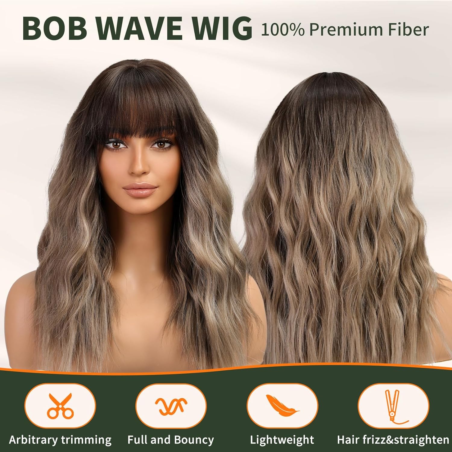 KOME Brown Wig with Bangs,Brown Highlight Wavy Wigs for Women,Shoulder Length Curly Synthetic Hair Wig for Party Daily Use 18IN - Image 2