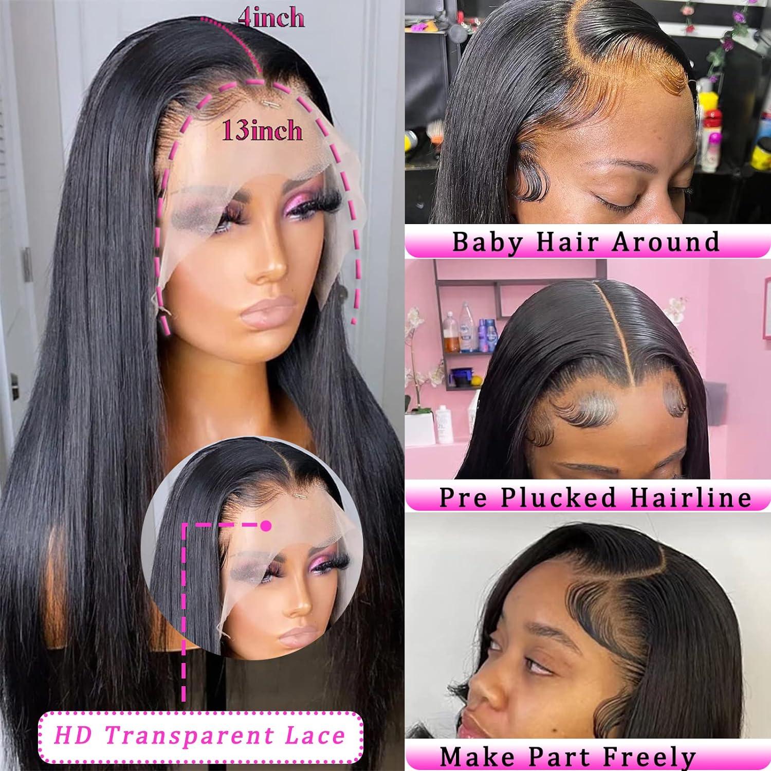 Straight Lace Front Wigs Human Hair 13x4 HD Transparent Lace Front Human Hair Wigs for Black Women Glueless Brazilian Virgin Hair Lace Frontal Wig 180% Density Pre Plucked with Baby Hair Hairline - Image 2