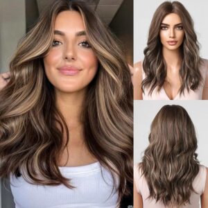 KOME Brown Long Wavy Wig for Women,Highlight Middle Part Curly Wavy Wig,Shoulder Length Natural Looking Synthetic Heat Resistant Fiber Wig for Daily Party Use
