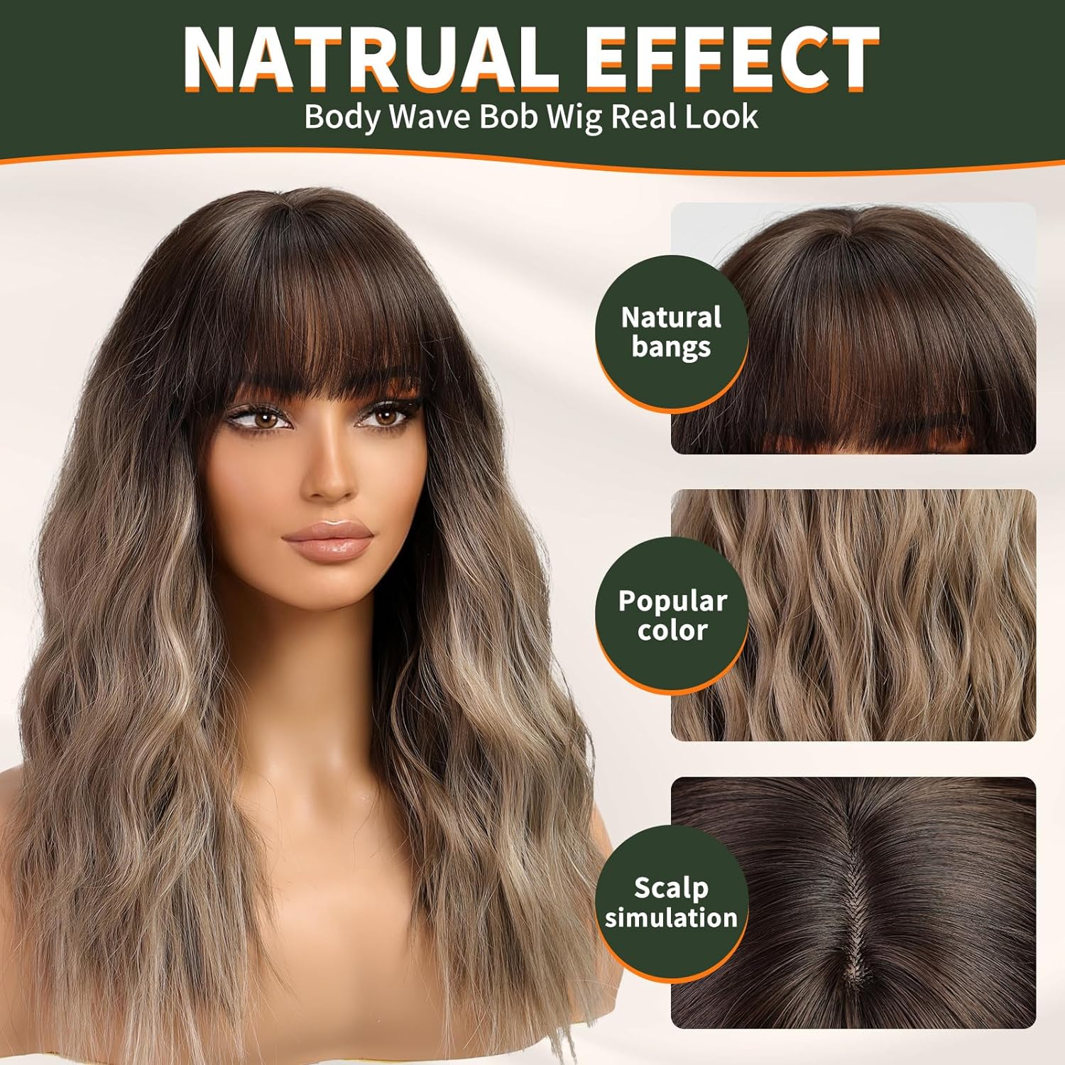 KOME Brown Wig with Bangs,Brown Highlight Wavy Wigs for Women,Shoulder Length Curly Synthetic Hair Wig for Party Daily Use 18IN - Image 3