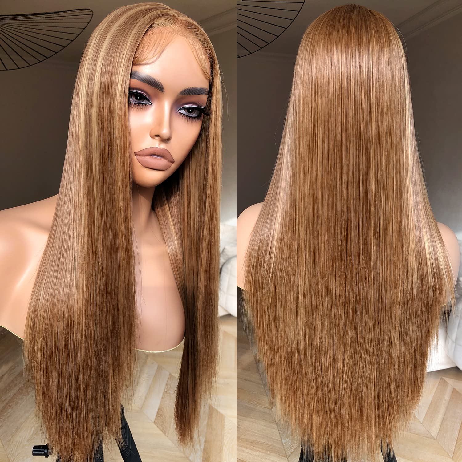Honey Blonde Lace Front Wig - Pre Plucked, Ready to Wear, HD Glueless 13X5X1 - Highlight Synthetic Straight Wig for Women, SunKissed 4/27 Ombre Honey Blonde - Image 2