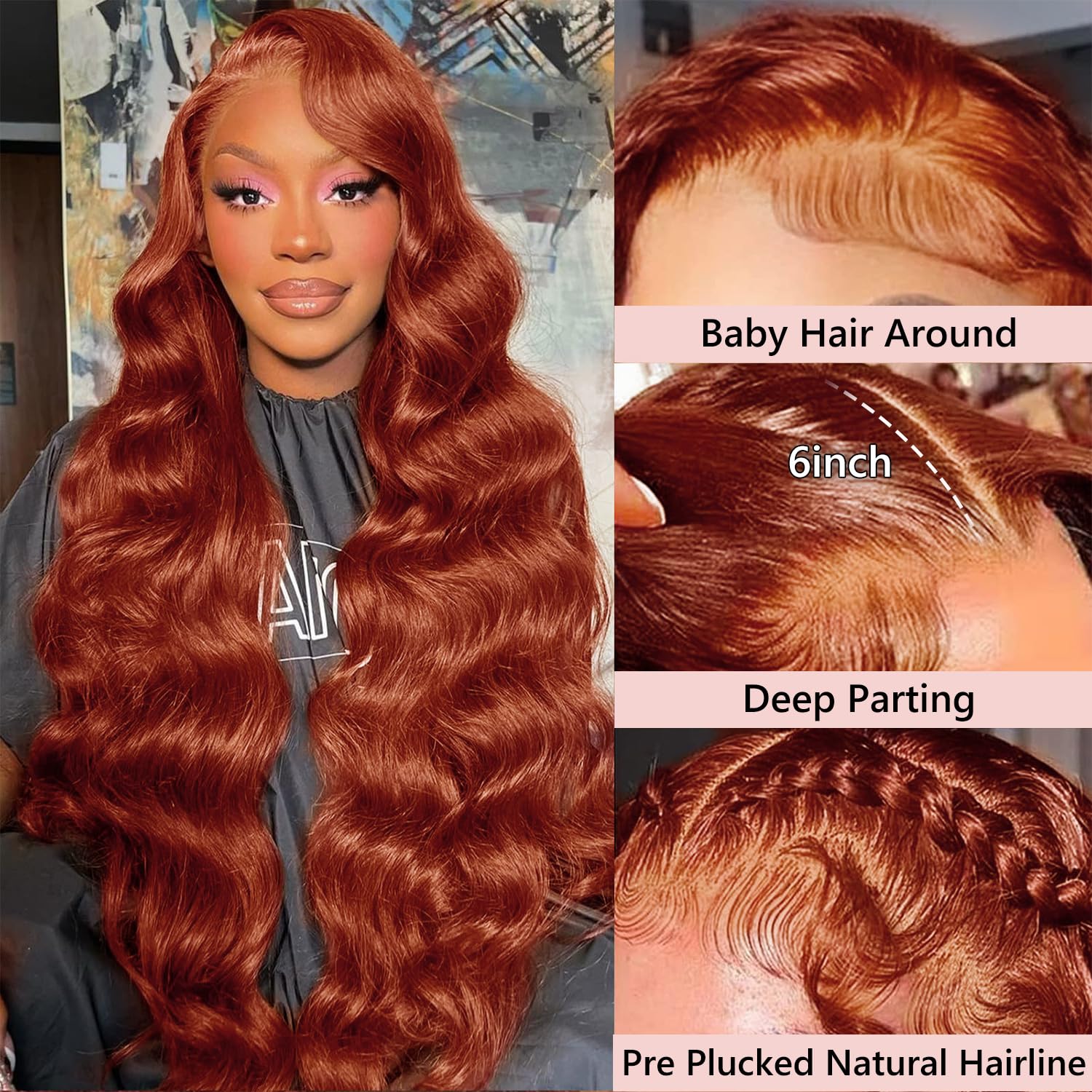 200% Density 13x6 Lace Front Wigs Human Hair Pre Plucked 13x6 Reddish Brown HD Transparent Body Wave Lace Front Wigs For Women Ginger #33 Colored Brazilian Virgin Hair Glueless Wigs Human Hair 22Inch - Image 2
